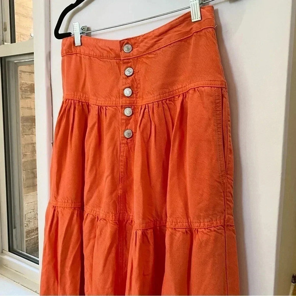 NWT Free People Dreamweaver Maxi Skirt Denim Jean Tiered High Rise Orange - Picture 8 of 16